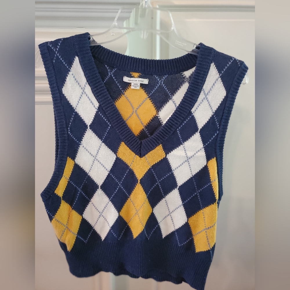 American Eagle Navy and Yellow Argyle V-Neck Sweater Vest